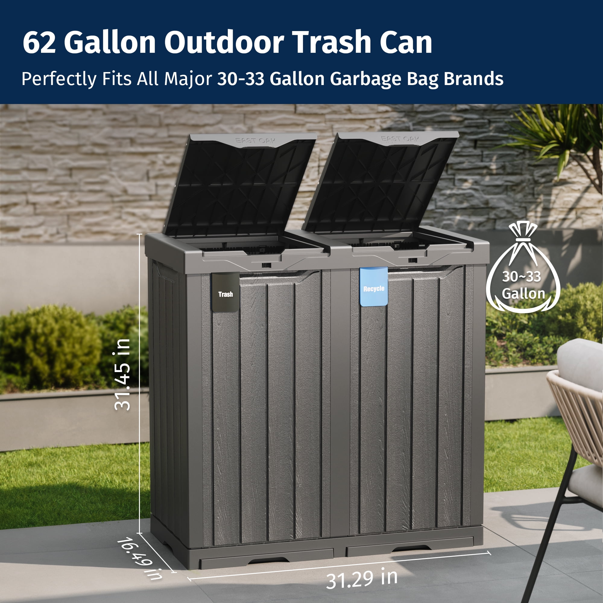 EAST OAK 62 Gallon Outdoor Trash Can Waterproof Garbage Bin