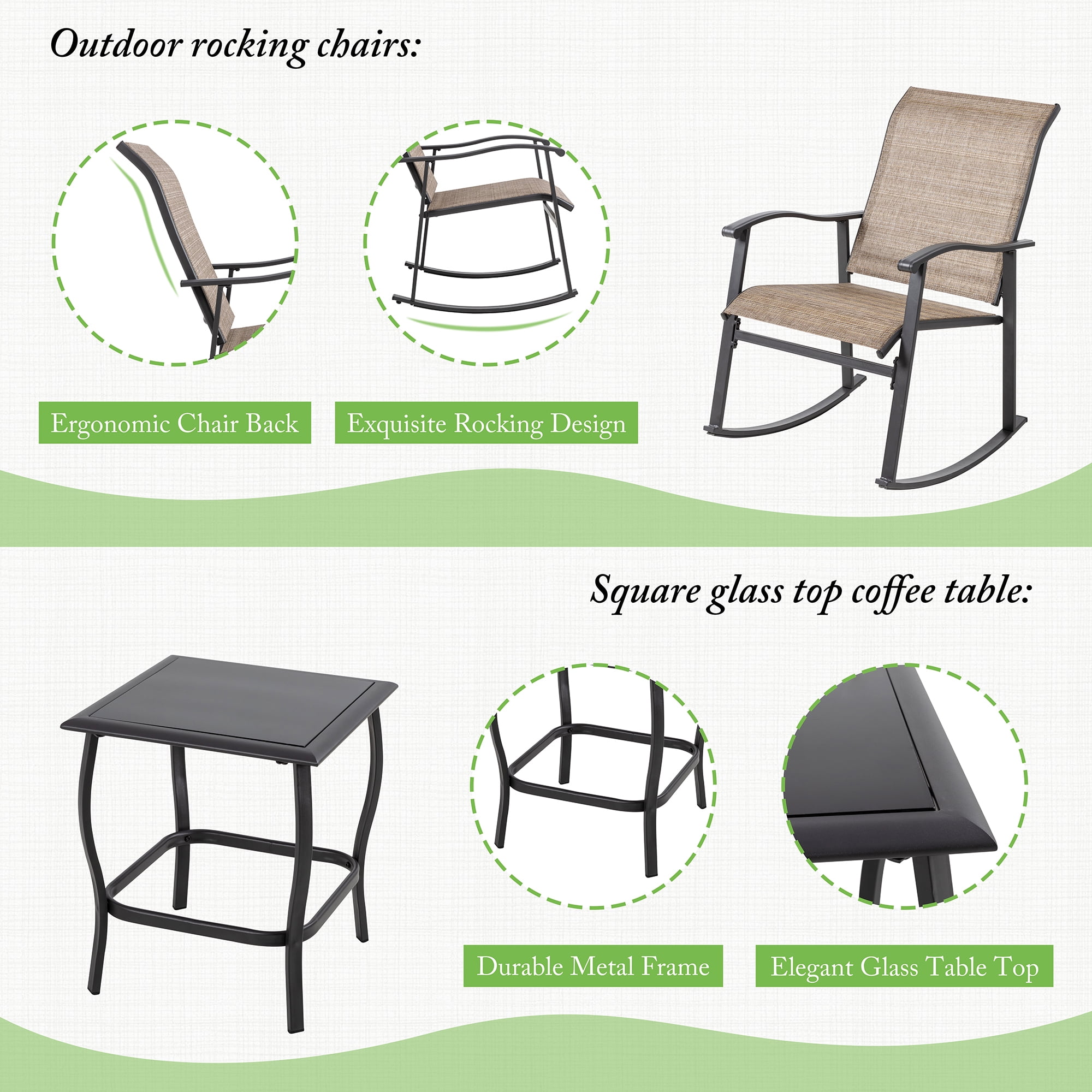 Walsunny 3 Pieces Rocking Bistro Patio Furniture Rocker Set with 2 Outdoor Rocking Chairs and 1 Glass Coffee Table for Porch Deck Lawn,Brown