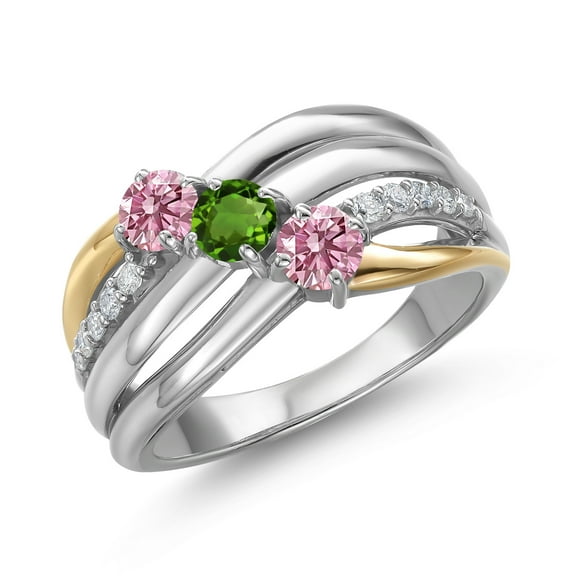 Gem Stone King 925 Silver and 10K Yellow Gold Pink Lab Grown Diamond and Green Tourmaline and Lab Grown Diamond Engagement Ring for Women | 0.90 Cttw | Round 4MM | April Birthstone | Size 5
