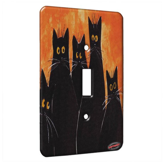 KuzmarK™ Single Gang Toggle Switch Wall Plate - Five Black Spooky Kitties Halloween Cat Art by Denise Every