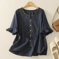 thumbnail image 2 of DeHolifer T-Shirts for Women Plus Size Cotton Linen Half Ruffle Sleeve Embroidered Crewneck Casual Loose T-Shirts Navy L, 2 of 8