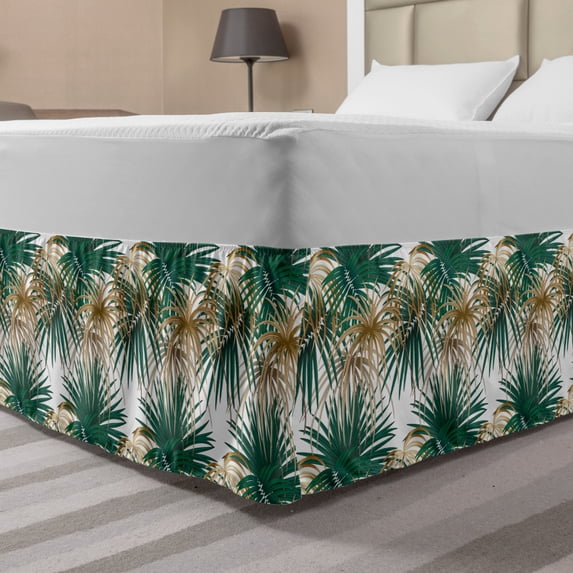Jungle Foliage Bed Skirt, Illustration of Repeated Exotic Plants with Long Leaves Pattern, Elastic Bedskirt Dust Ruffle Wrap Around for Bedding Decor, 4 Sizes, Fawn Tan, by Ambesonne