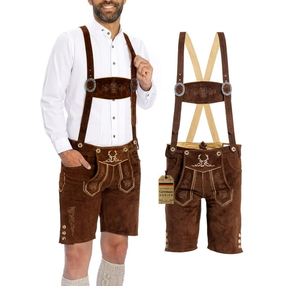 BAVARIA TRACHTEN Oktoberfest Lederhosen Hommes - Cuir Véritable - le Lederhosen Original pour Hommes d'Allemagne - Tenue d'Octoberfest Allemande Authentique Brun Foncé - Court