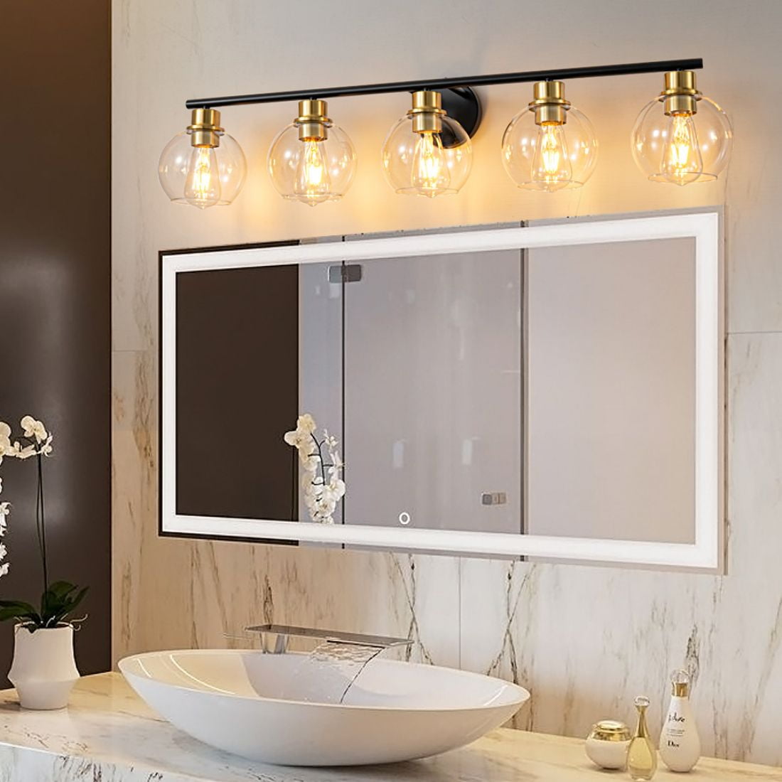 Bathroom Lights 5 Light Black and Gold Vanity Lights, Industrial Wall  Mounted Mirror Wall Lights with Glass Cover Bathroom Vanity Lights,  Bathroom