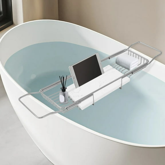 Expandable Bathtub Tray Stainless Steel Bathtub Tray with Marble Board