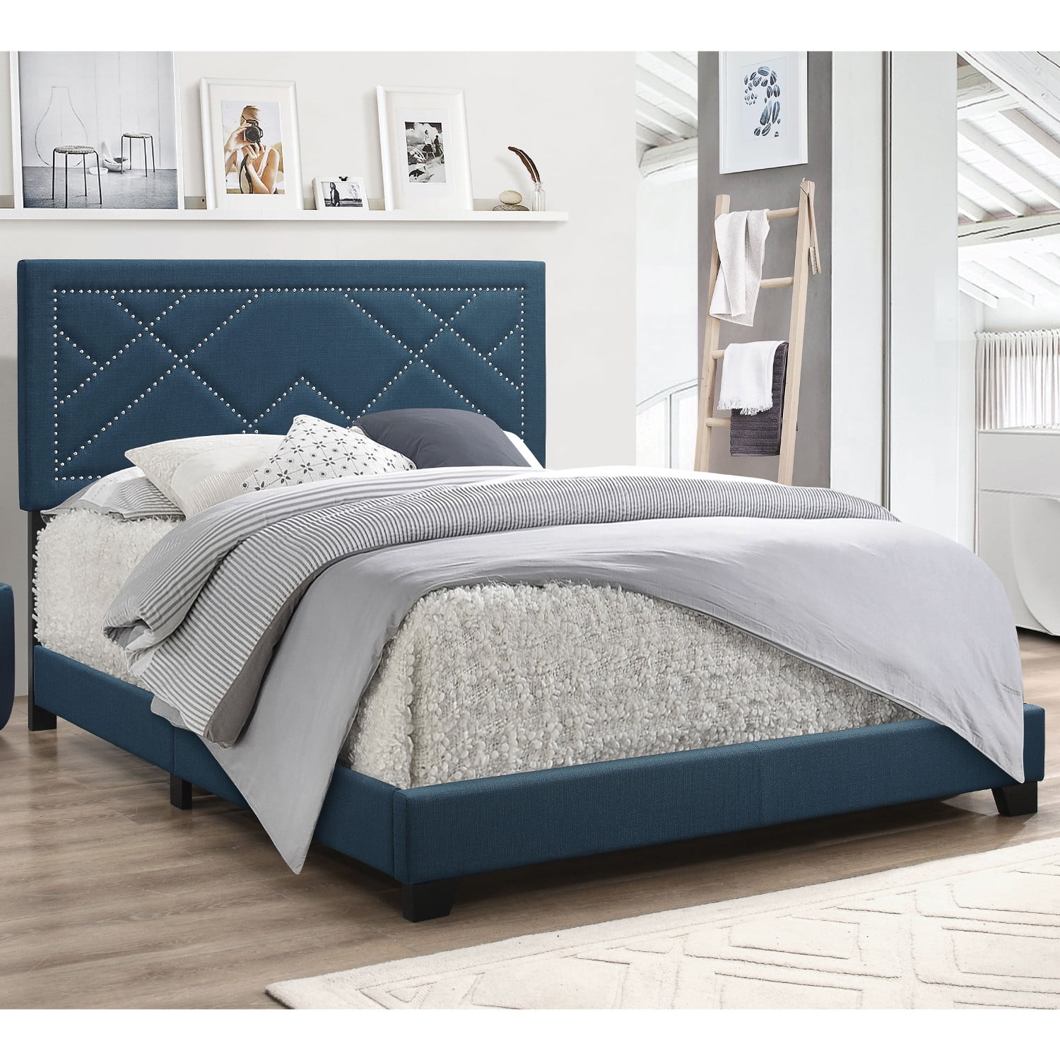 1pc Modern Dark Teal Color Sleek Design Queen Size Bed Bedroom