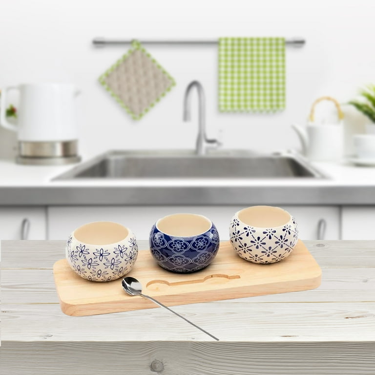 Ceramic White and Blue Spice Seasoning or Condiment Pots with Serving  Spoons and Acacia Wood Tray