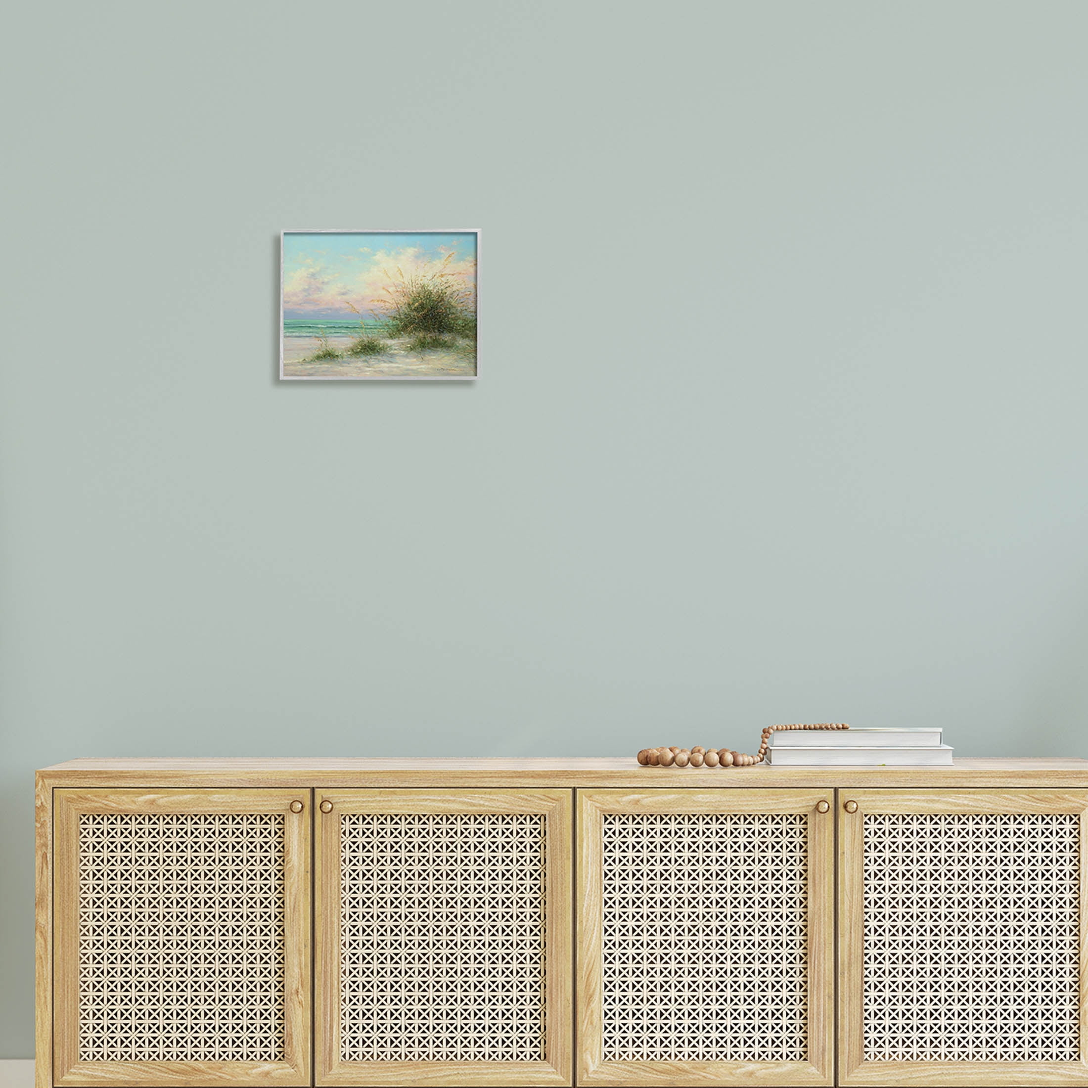 Summer Beach Grass Sea Waves Coastal Painting Gray Framed Art Print Wall Art