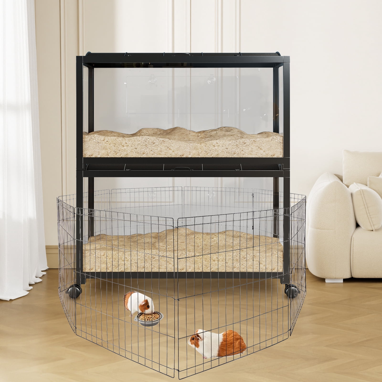 Chew-Proof Metal Hamster Cage - Spacious Small Animal Habitat with Acrylic Panels, Dual Doors, Stackable, Easy Assembly, 4 Wheels
