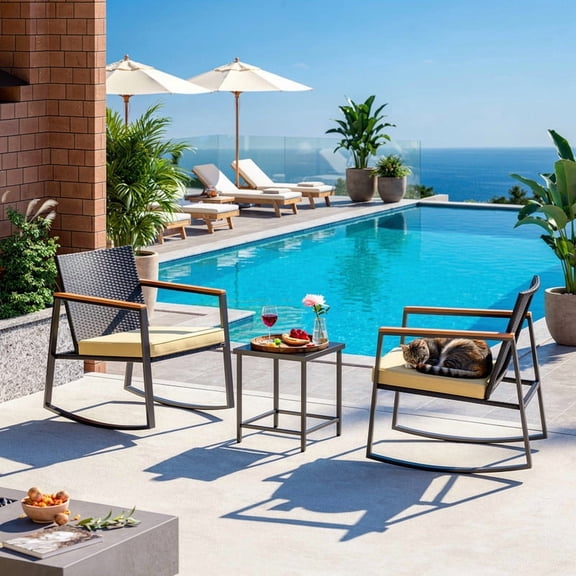 3-Piece Outdoor Wicker Patio Furniture Set with Anti-Scald Armrest, Removable Cushions & Glass Side Table, Weather-Resistant Bistro Set for Porch, Yard, Balcony, Beige