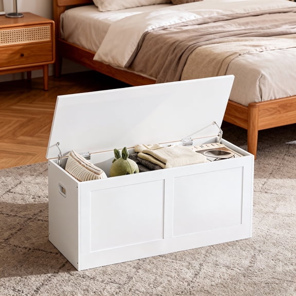LEDREM Storage Chest with Safety Hinges,Padded Shoe Bench and Storage Trunk,15.7 x 31.5 x 18.3 Inches,Cloud White