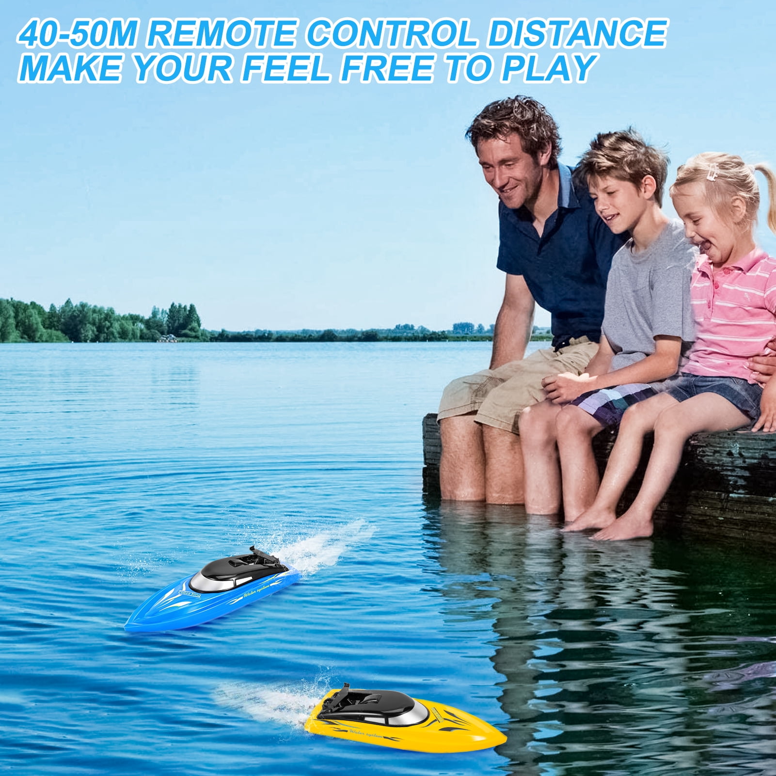Acekid 2 Pack RC Boat, Mini Remote Control Boats for Pools/Lakes, 10km/h, 2.4 GHz, 4 Rechargeable Batteries (Blue+Yellow)