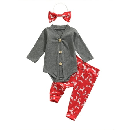

Canrulo Newborn Infant Baby Boys Christmas Clothes Set Button Romper Pants Headband Xmas Outfits Red 0-6 Months