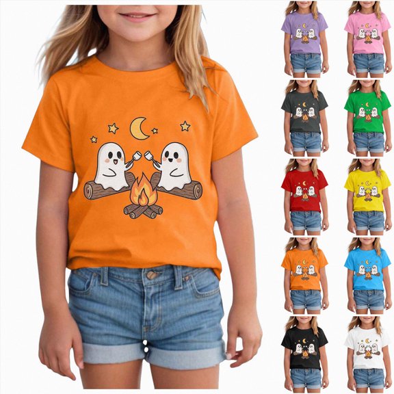 larppty Kid Boy Girls Halloween T-Shirt Ghost Pumpkin Shirts Spooky Season Tees Short Sleeve Fall Tops Outfits (Orange,5-6 Years)