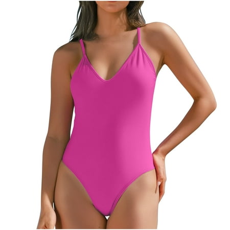 TrendVibe365 Womens Bathing Suits One Piece Pink Swimsuits Thong V Neck with Padded Bra Solid Swimwear Beachwear M