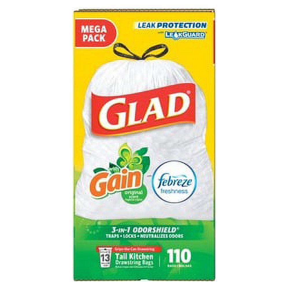 Glad Small Kitchen Drawstring Trash Bags 13 gal - 25.38 ft Width x 33.75 ft Length x 0.72 mil (18 Micron) Thickness - White - 110/Box - Home, Office, Kitchen, Breakroom