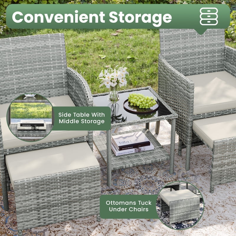 ELPOSUN 5 Piece Patio Furniture Set, Outdoor PE Wicker Chairs for Two with Ottoman Underneath,Beige