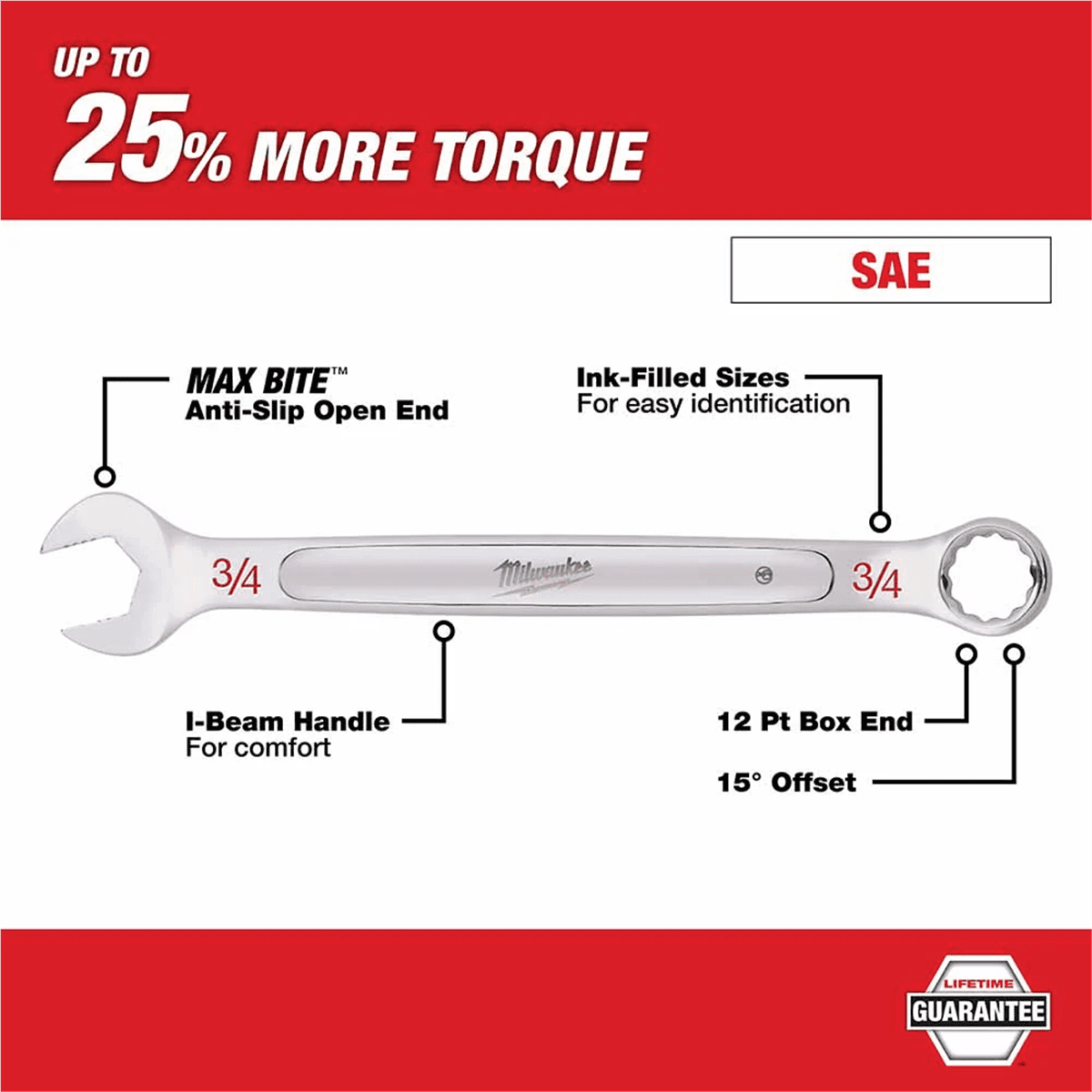 Milwaukee Tool 1-1/2" SAE Combination Wrench, 12-Point, Steel, Chrome, Ergonomic, I-Beam Handle