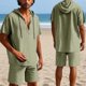 thumbnail image 2 of Conjunto de Pantalones Cortos para Hombre 2 Piezas Outfits Color Sólido Botón Cordón de Lino Camiseta con Capucha Y Pantalones Cortos de Playa, 2 of 9