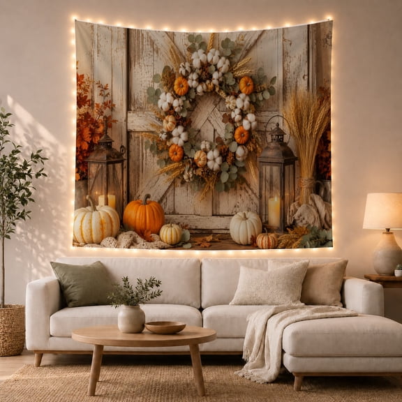 Autumn Wreath on Rustic Barn Door, Cozy Farmhouse for Harvest Lovers, Seasonal Wall Art, Thanksgiving Hostess Gift, Tapestry Wall Hanging for Living Room and Dining Room