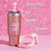 Paris Hilton 40oz Stainless Steel Tumbler Set, with Removable Handle, Straw, and Lid, 40 Ounce, Metallic Hearts and Thats Hot, Pink