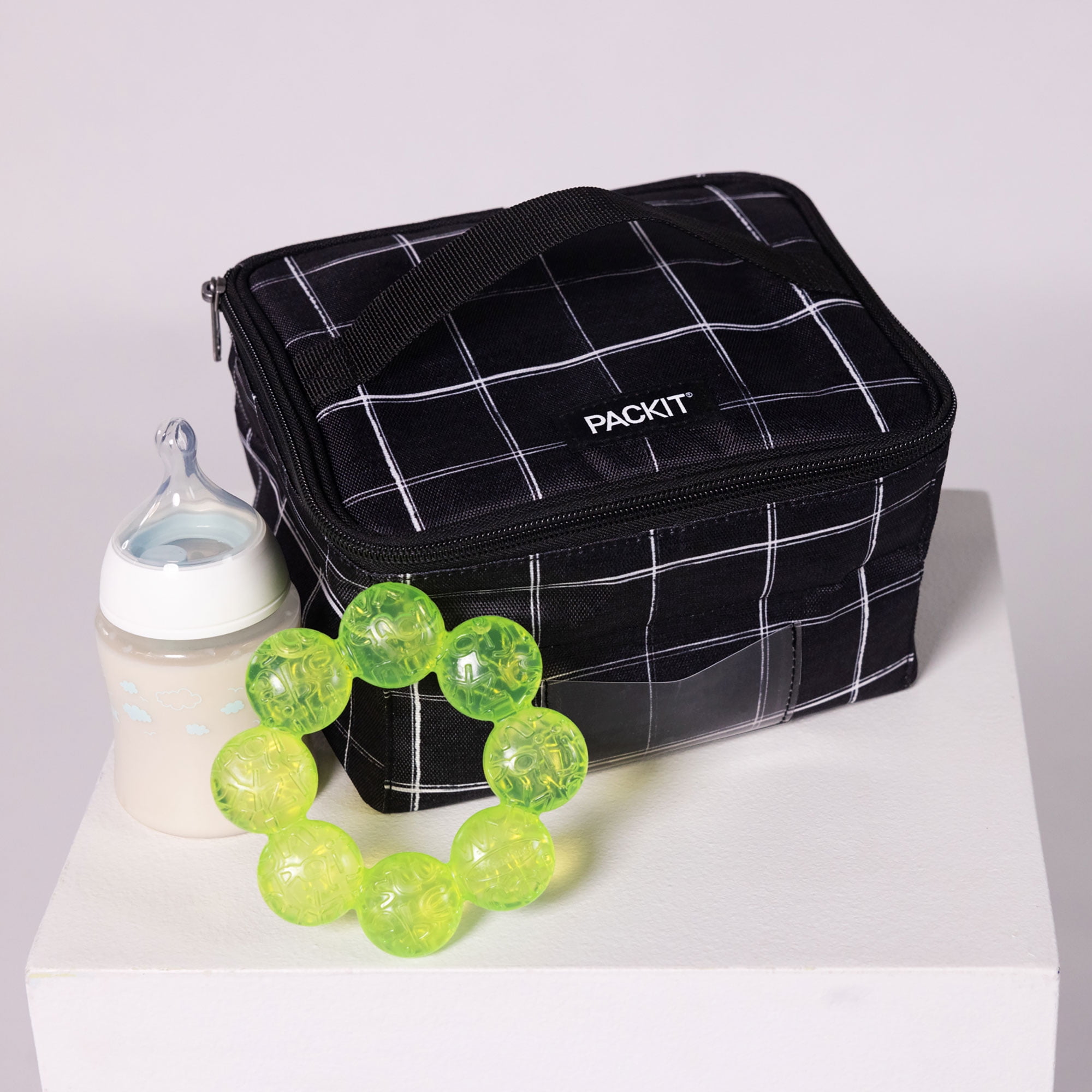 PackIt Freezable Baby Bottle and Breastmilk Storage Bag Cooler, Black Grid