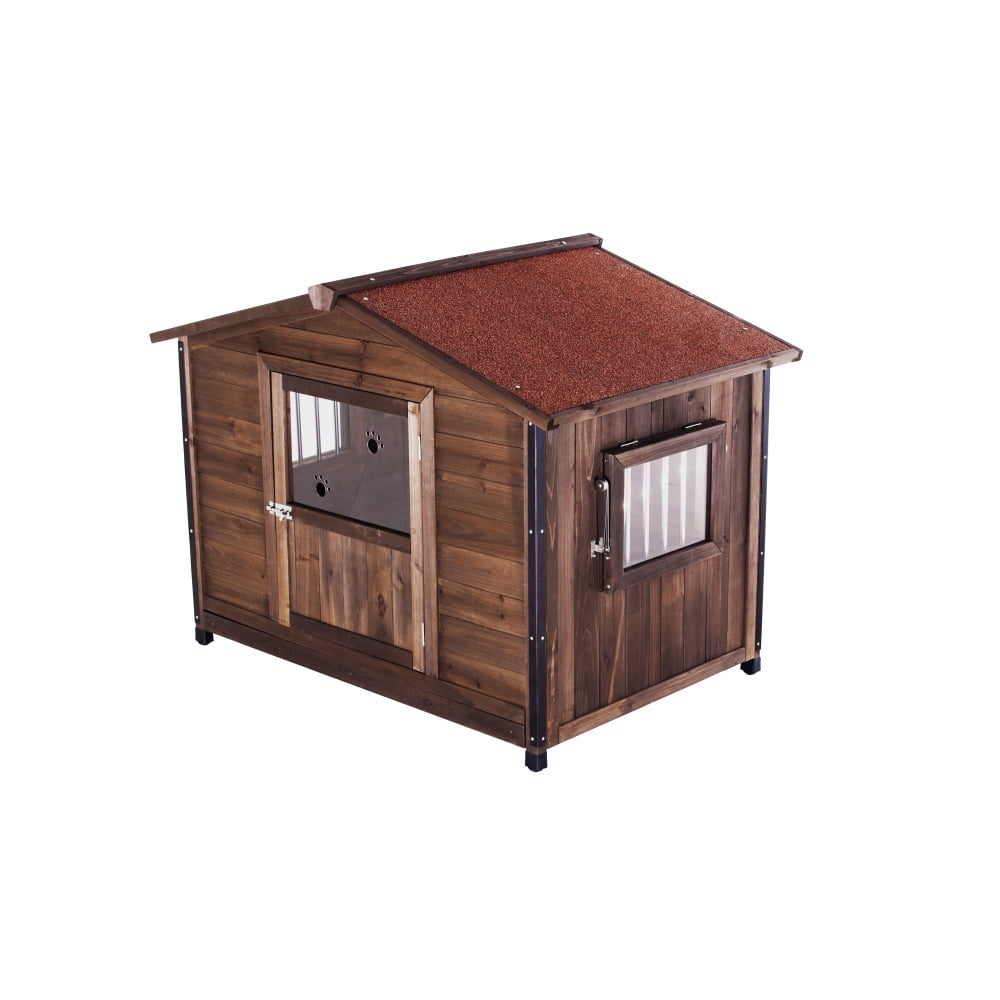 Large Outdoor Wooden Dog Kennel with Iron Frame, Cabin Style