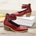 thumbnail image 3 of GERsome Women's Low Block Heels Closed Pointy Toe Ankle Buckle Chunky Heels Pumps Casual Wedding Dress Shoes, Wine Size 6, 3 of 9