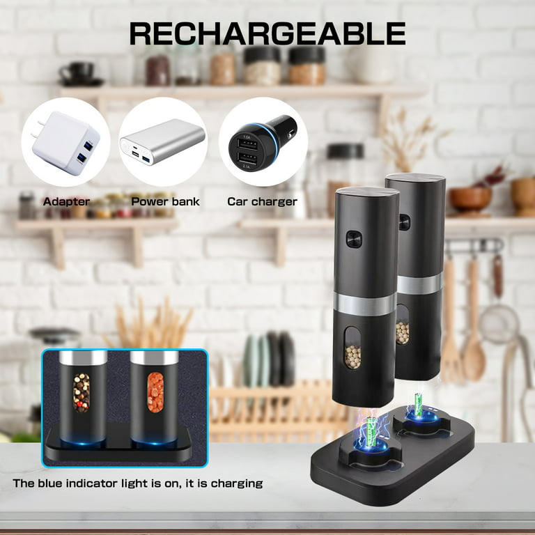 Electric Salt and Pepper Grinder Set, Rechargeable Automatic Pepper Mill Set,  Dual Charging Base, 1 Hand Operation, USB Cables, Refillable, No Battery  Needed, LED Light, Adjustable Coarseness 