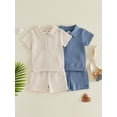 thumbnail image 3 of BemeyourBBs Toddler Baby Boy Summer Clothes Infant Baby Boys Summer 2 Piece Outfits 6 12 18 24 Months 2 3 4 Years Waffled Short Sleeve Lapel Collar Half Zip Shirt Tops and Shorts 2Pcs Set, 3 of 9