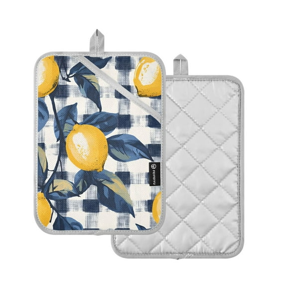 Yayeee Pot Holders Kitchen Heat Resistant with Pocket 7"x9.8" Cotton Oven Cooking Hot Pads, Beige Plaid Lemon