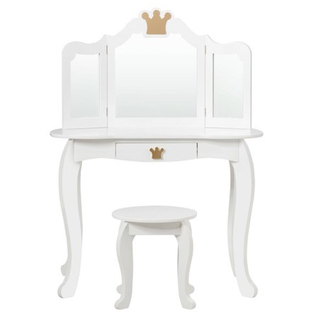 Gymax Kids Makeup Dressing Table Chair Set Princess Vanity Tri Folding Mirror White Walmart Canada