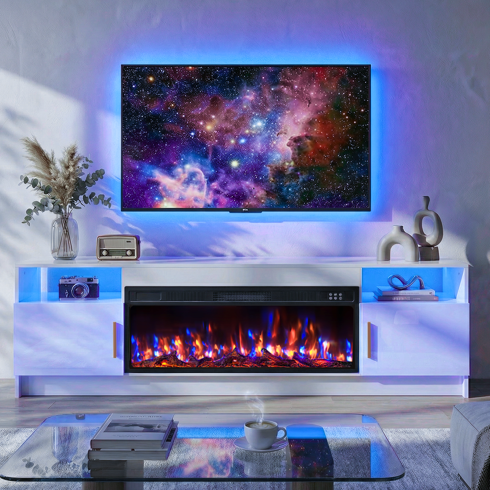 Flictozena 70" TV Stand with 36-Inch Electric Fireplace, Adjustable LED Lights & Storage | Fits TVs Up to 80 Inches | Modern Entertainment Center with Glossy White Doors