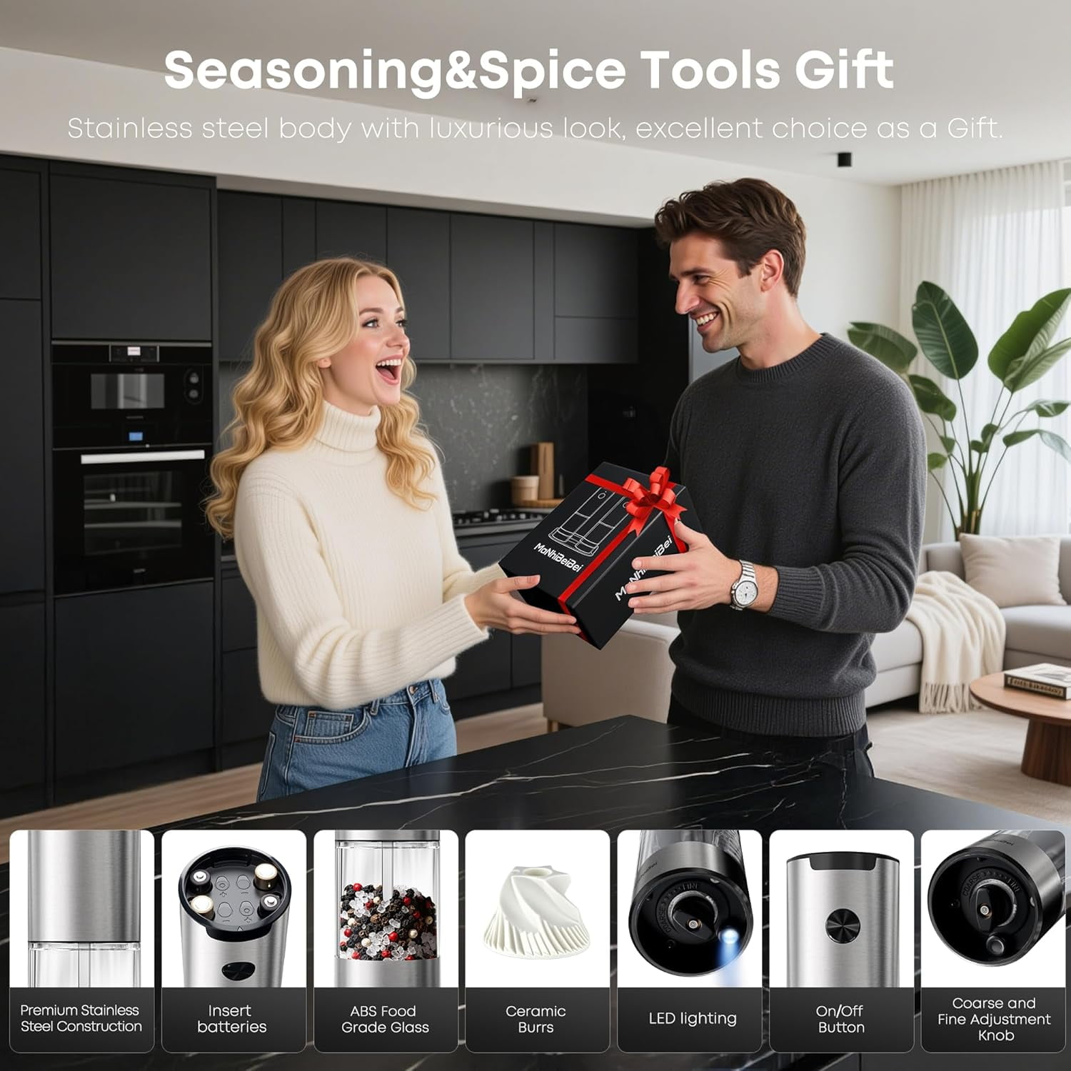 Electric Salt and Pepper Grinder One-hand Operated, Adjustable Coarseness, Stainless Steel body Ceramic Burrs,Pepper Shakers Mills with LED Light,House Warming Cooking Gift