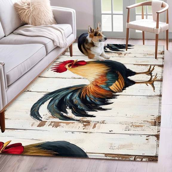 Area Rugs for Living Room 4x6 Ft, Retro Rooster Non Slip Area Rugs for Kitchen Bedroom Entryway, Watercolor Vintage Rooster Art Washable Carpet Runner Rug Floor Mats for Bedroom Home Decor