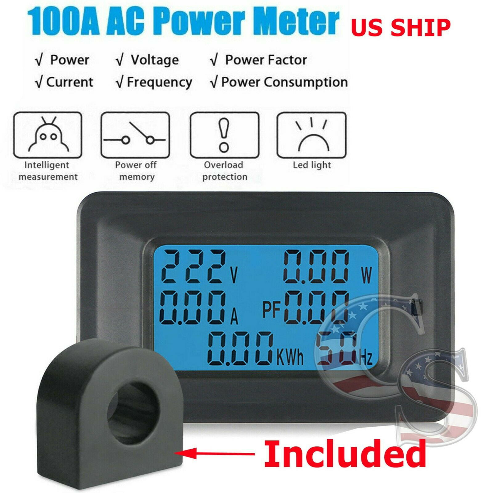 100A AC LCD Digital Panel Power Watt Meter Monitor Voltage KWh Voltmeter Ammeter 