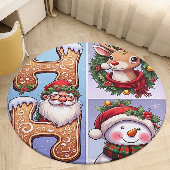 Christmas Pattern Snowflakes Christmas Trees Cartoon Santa Round Area Rugs for Bedroom Living Room, 3FT Soft Indoor Circle Carpets, Carpet Home Decor Floor Mat