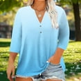 thumbnail image 2 of Olyvenn Womens Plus Size 3/4 Sleeve Tops Casual Gradient V Neck Button Tee Shirts Basic Loose Fit Tunic Blouse Light Blue XXL, 2 of 5