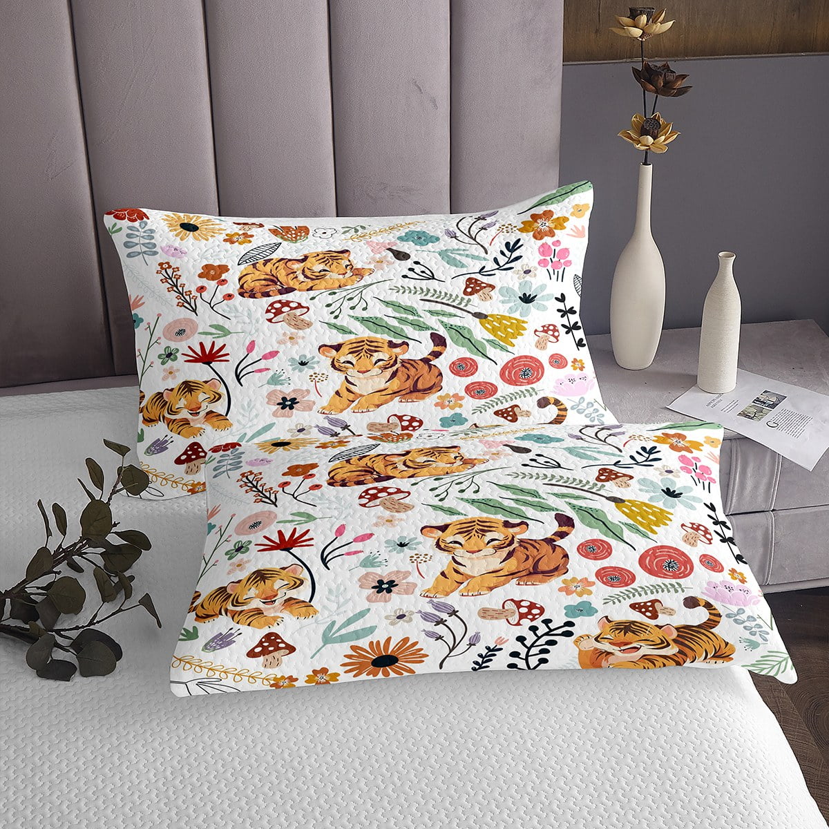 Cute Tiger Quilt Set Mushroom Floral Queen Bedspread Set for Girls