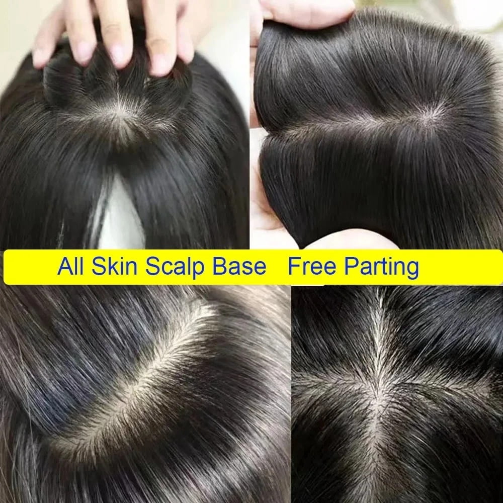 Hair Topper without Bangs Middle Part Straight Hair Topper Real Human Hair 15x16cm Silk Base Clip in Straight Hair Pieces for Women with Thinning Hair