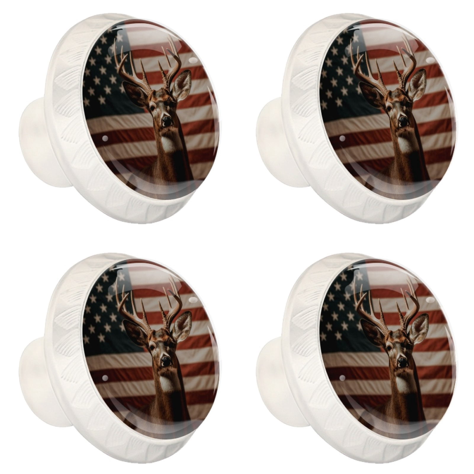 4 Pcs Deer and American Flag Knobs for Kitchen Cabinet Cupboard Dresser Bookcase Drawer Pulls Handles Round Home Decor