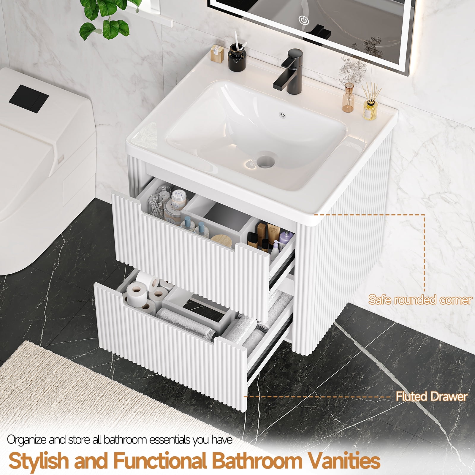 ROGALIS 24" Modern Bathroom Vanity, 2-Drawer, glossy resin Sink, Fluted Design,White
