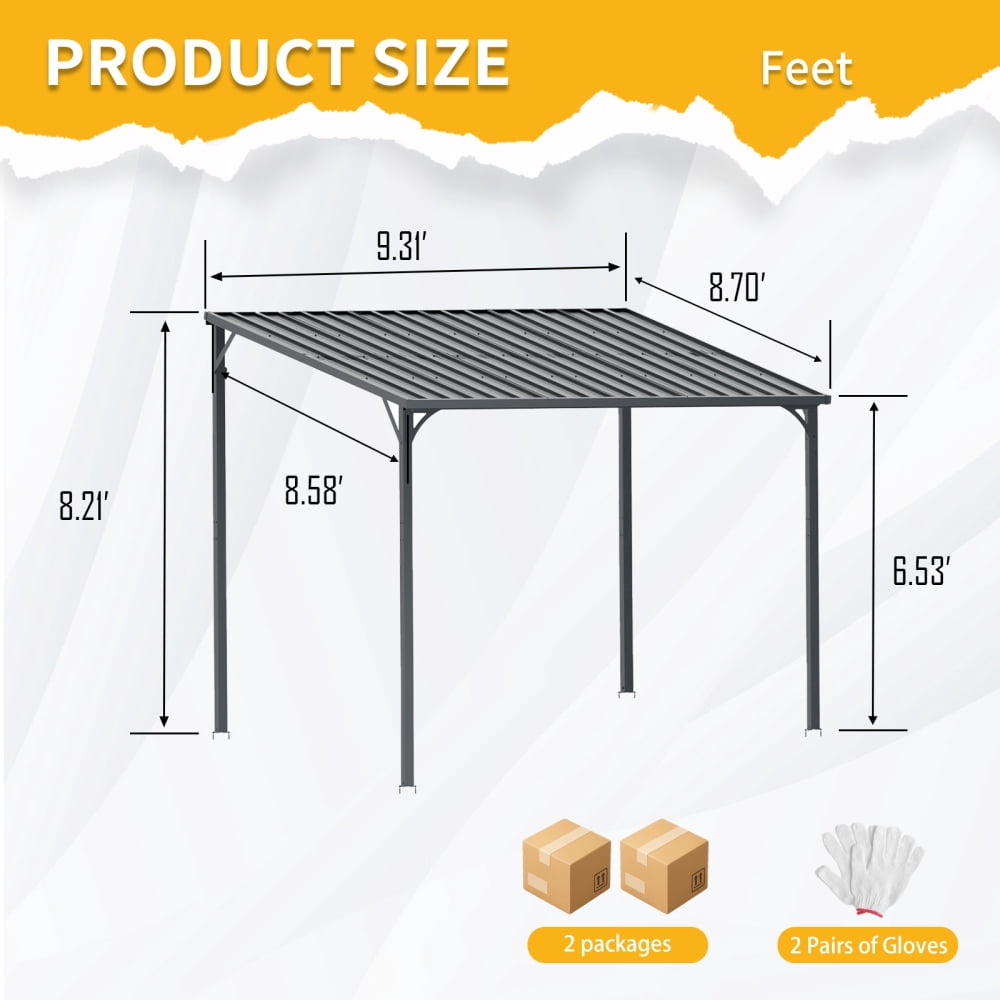 8' x 10' Outdoor Wall-Mounted Gazebo, Waterproof Metal Pergola Shelter, Heavy Duty Inclined Roof Patio Canopy for Garden Backyard