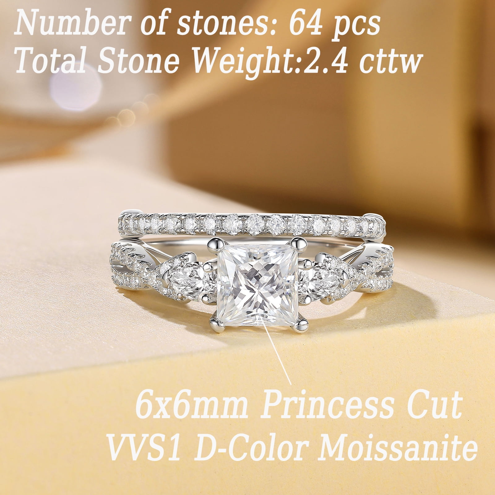 Newshe Jewellery 2 Carat Princess Moissanite Wedding Rings for Women Twisted Band VVS1 D Color Serling Silver Size 9