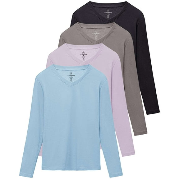 Real Essentials 4 Pack: Women's V-Neck Cotton Long-Sleeve T-Shirt (Available in Plus Size)