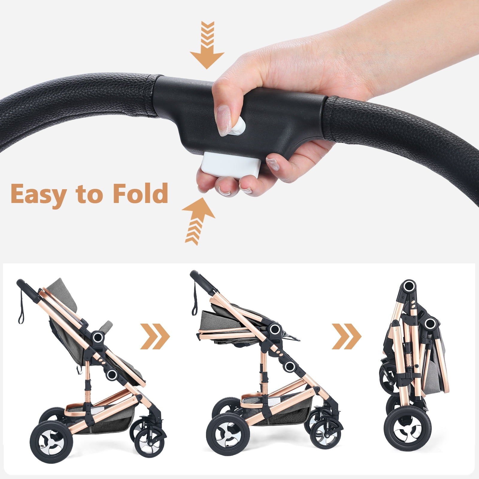 LINLUX 2 in 1 Baby Stroller w/ Diaper Bag & Big Wheel, Infant Pushchair, 23 Pounds, Rose Gold