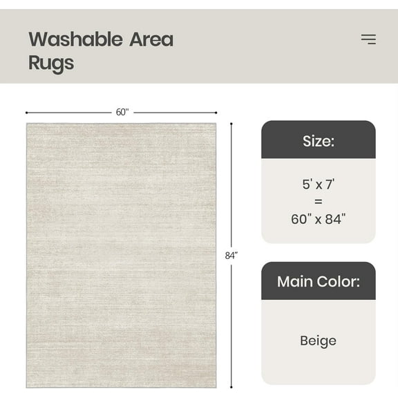 Washable Area Rug 5x7 - Stain Resistant, Non Slip, Foldable, Beige