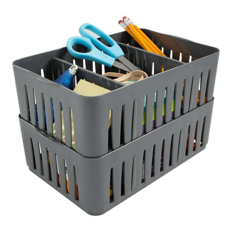 Simplify 2 Pack Stackable Plastic Organizer Bin Storage Basket with  Adjustable Dividers in Grey