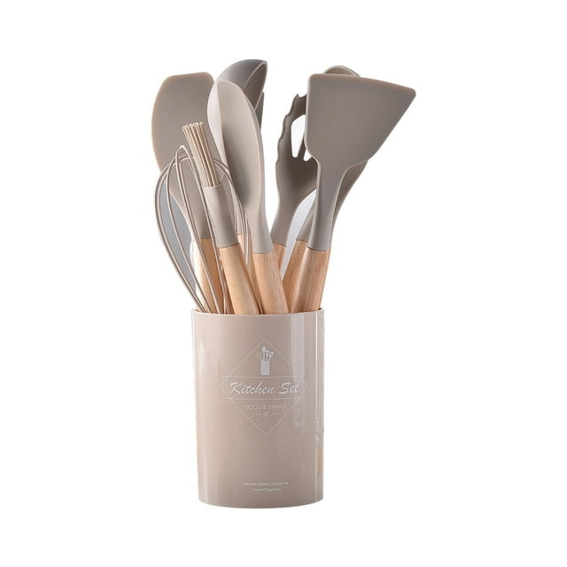 Kitchen Gadgets Chef Kitchen Cooking Utensils Set, 12 Pcs Non-Stick Utensils Spatula Set with Holder, Black Wooden Handle Silicone Kitchen Gadgets Kitchen Necessities
