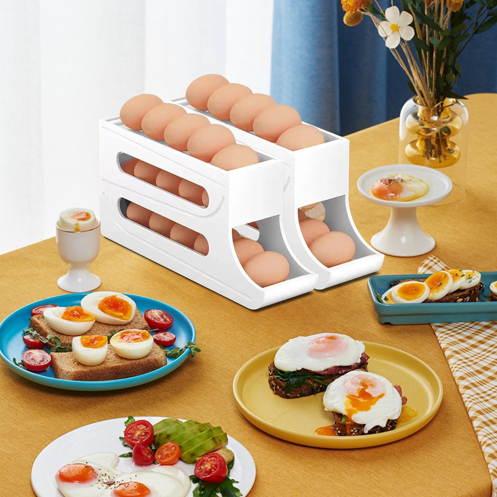 Eggs Dispenser, Refrigerator Egg Organizer, 3 Tier Rolling Rack, Space Saving Design, Holds 30 Eggs, Sturdy Plastic Construction, Kitchen Counter Storage